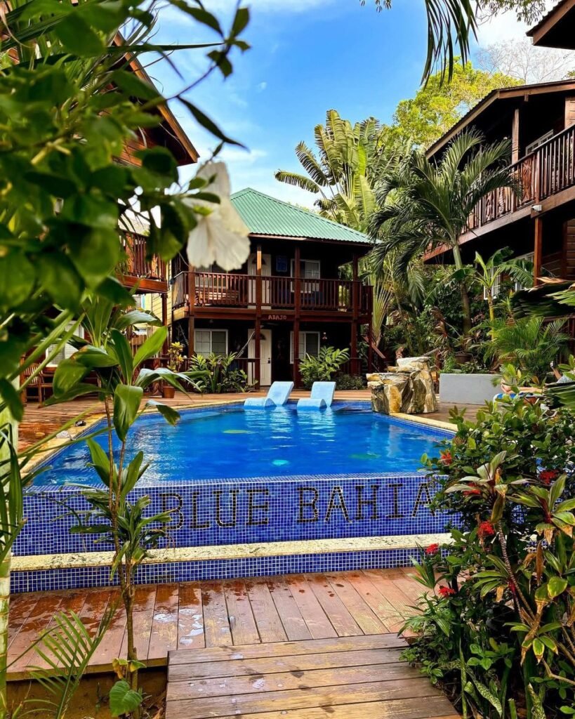 Blue Bahia Resort pool and wooden accommodation