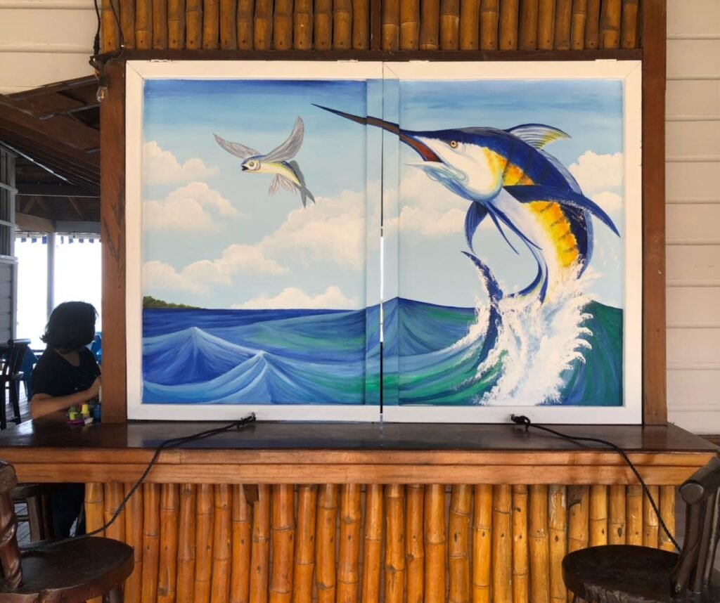 Marlin artwork inside Blue Marlin restaurant and bar