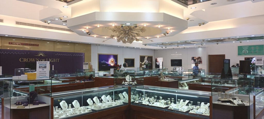 Jewelry display cases inside Diamonds International at Mahogany Bay